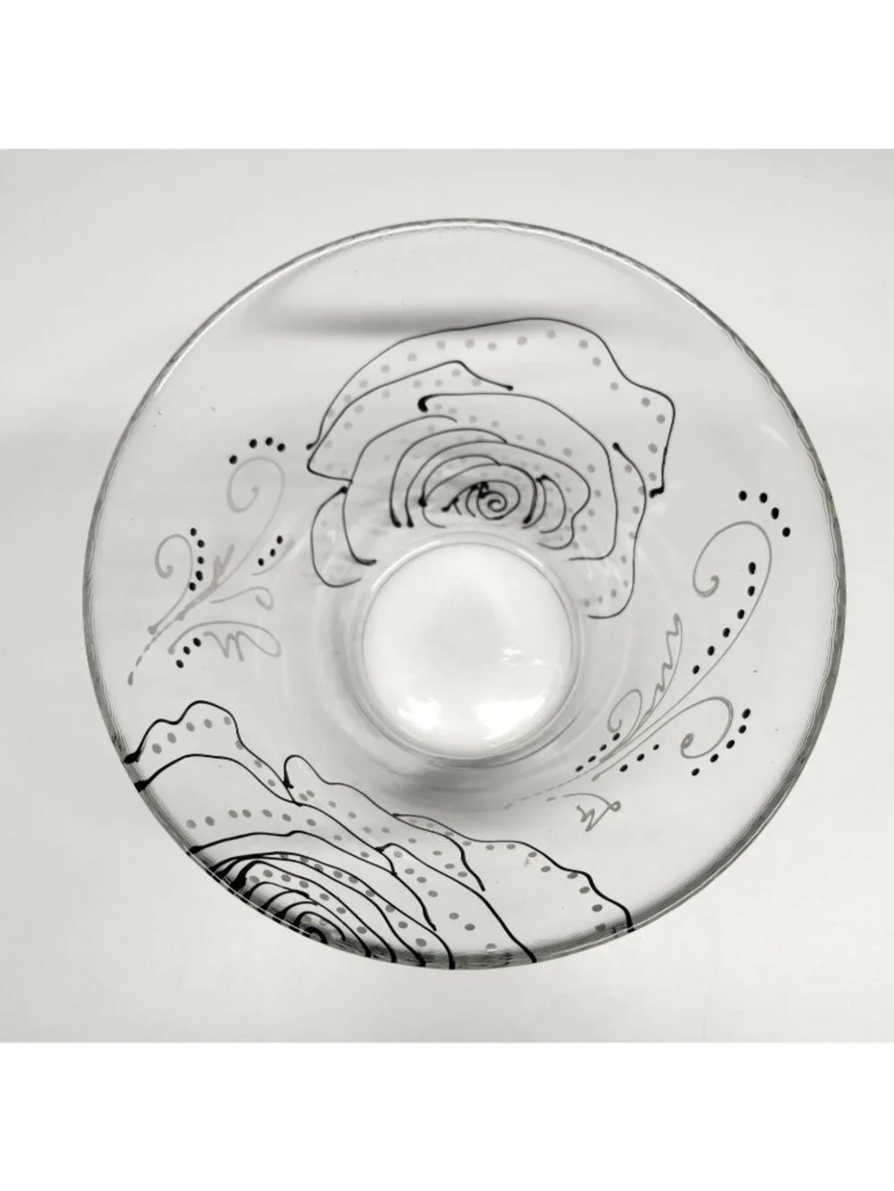 Floral Hand Painted Glass Bowl Black & White Rose